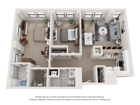 Floor plan for 2 beds, 2 baths, 1017 sqft